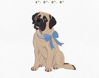 Mastiff Dog Blue Bow Embroidery Instant Download, 4x4 Hoop Puppy Pet Machine Embroidery Files, Manual Digitizing
