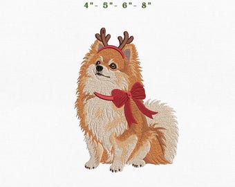 Pomeranian Christmas Dog Embroidery Instant Download, 4x4 Hoop Reindeer Puppy Machine Embroidery Files, Manual Digitizing