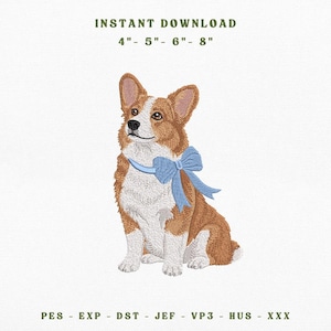 Könnte beinhalten: Ein Stickmuster eines braun-weißen Corgi-Hundes mit einer hellblauen Schleife um den Hals. Der Text lautet INSTANT DOWNLOAD 4" - 5" - 6" - 8" und PES - EXP - DST - JEF - VP3 - HUS - XXX.