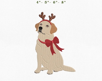 Labrador Christmas Dog Embroidery Instant Download, 4x4 Hoop Reindeer Puppy Machine Embroidery Files, Manual Digitizing