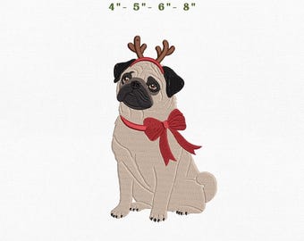 Pug Christmas Dog Embroidery Instant Download, 4x4 Hoop Reindeer Puppy Machine Embroidery Files, Manual Digitizing