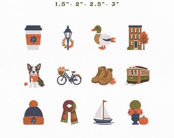 Boston Autumn Mini Icons Bundle Embroidery Instant Download, Fall City Embroidery Bundle Machine Embroidery Files, Manual Digitizing