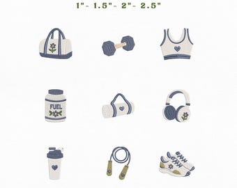 Fitness Mini Icons Bundle Embroidery Instant Download, Workout Gym Machine Embroidery Files, Manual Digitizing