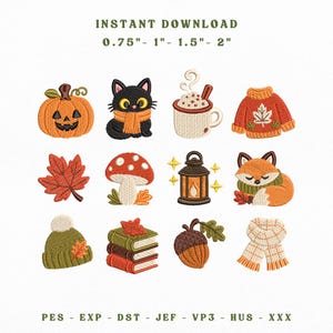Cozy Fall Mini Icons Instant Download, Pumpkin Black Cat Fox Acorn Autumn Leaf Sweater Mug Embroidery Bundle