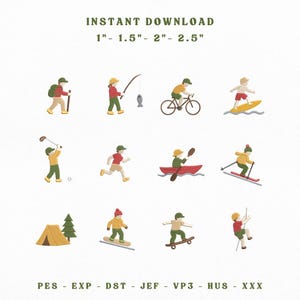 May include: A collection of twelve embroidered patches featuring figures engaged in outdoor activities including hiking, fishing, cycling, surfing, golfing, running, kayaking, skiing, camping, snowboarding, skateboarding, and rock climbing, sized 1" to 2.5".