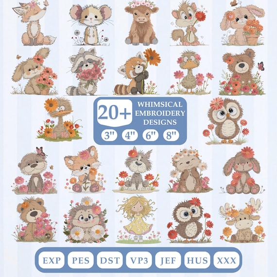 Baby Animal Sketch Embroidery Bundle, Light Fill, Quick Stitch, Machine Embroidery Design, 4x4 5x7 embroidery, Instant Download