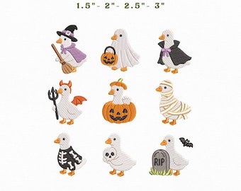 May include: Nine embroidered goose designs for Halloween featuring a witch, ghost, vampire, devil, pumpkin, mummy, skeleton, skull, and tombstone with the text INSTANT DOWNLOAD 3.8 cm - 5.1 cm - 6.4 cm - 7.6 cm and file formats PES - EXP - DST - JEF - VP3 - HUS - XXX.