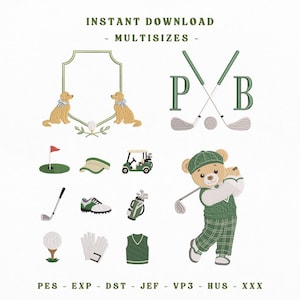 May include: A digital embroidery design set featuring a crest with two golden retriever dogs, crossed golf clubs with the letters P and B, a teddy bear golfer, and various golf-themed icons including a cart, clubs, shoes, and a ball.