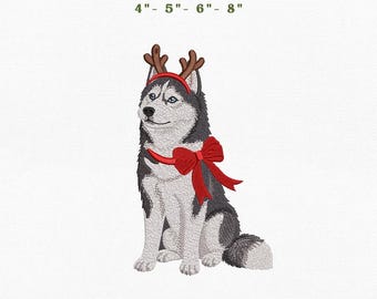 Siberian Husky Christmas Dog Embroidery Instant Download, Reindeer Puppy Machine Embroidery Files, Manual Digitizing