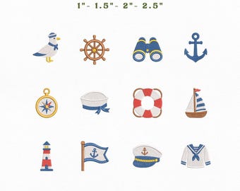 Sailor Mini Icons Bundle Embroidery Instant Download, Nautical Sea Embroidery Bundle Machine Embroidery Files, Manual Digitizing