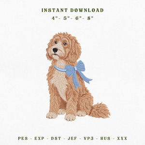 May include: An embroidery design of a golden-brown curly-haired dog sitting and wearing a light blue bow around its neck. The text reads INSTANT DOWNLOAD 4" - 5" - 6" - 8" and lists file formats PES - EXP - DST - JEF - VP3 - HUS - XXX.