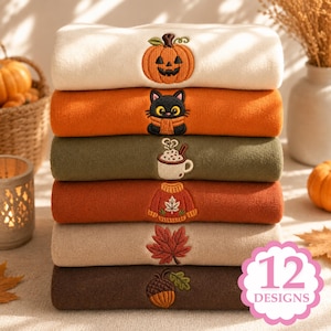 Cozy Fall Mini Icons Instant Download, Pumpkin Black Cat Fox Acorn Autumn Leaf Sweater Mug Embroidery Bundle