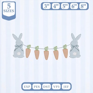 Easter Bunny Boy with Carrots bunting Frame Sketch Fill, Light Fill, Quick Stitch, Machine Embroidery Design, 4 Sizes