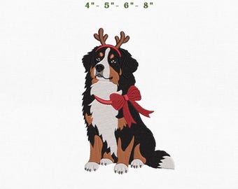 Bernese Mountain Dog Christmas Dog Embroidery Instant Download, 4x4 Hoop Reindeer Puppy Machine Embroidery Files, Manual Digitizing