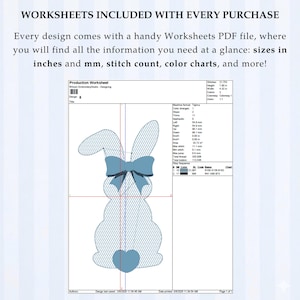 May include: A digital embroidery design of a bunny with a blue bow and heart. The design includes a worksheet with sizes in inches and mm, stitch count, and color charts. The bunny is 19.8 cm tall and 10.9 cm wide.