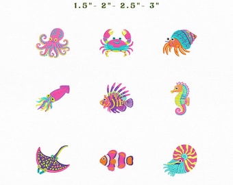 Preppy Sea Creatures Mini Icons Bundle Embroidery Instant Download, Tropical Sea Life Embroidery Bundle, Manual Digitizing