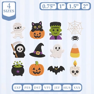 Puede incluir: Una colección de doce diseños de bordado con temática de Halloween que incluye una momia, un gato negro en una calabaza, Frankenstein, telaraña, la parca, sombrero de bruja, fantasma, dulce de maíz, caldero, calabaza, murciélago y vela de calavera, disponibles en tamaños de 1.9, 2.5, 3.8 y 5.1 cm.