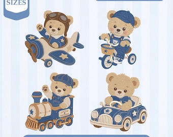 Embroidery Baby Bear Vehicle Collection | Teddy Bear Airplane Train Car Design | Pes Dst Jef Vp3 Instant Download