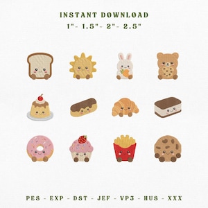 Puede incluir: Una colección de doce parches bordados con personajes de comida y animales lindos y sonrientes, incluyendo pan, un sol, un conejo, un oso, pudín, un éclair, un croissant, un sándwich de helado, una dona, un cupcake, papas fritas y una galleta.