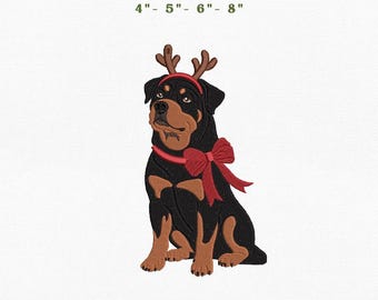Rottweiler Christmas Dog Embroidery Instant Download, 4x4 Hoop Reindeer Puppy Machine Embroidery Files, Manual Digitizing