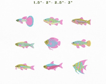 Preppy Fish Mini Icons Bundle Embroidery Instant Download, Colorful Tropical Fish Embroidery Bundle, Manual Digitizing