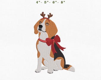 Beagle Christmas Dog Embroidery Instant Download, 4x4 Hoop Reindeer Puppy Machine Embroidery Files, Manual Digitizing