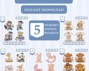 5 Nursery Animal Embroidery Bundle, Baby Animal Machine Embroidery Files, Cute Woodland Safari Designs, PES DST JEF VP3, Instant Download