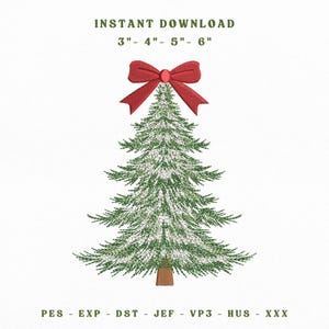 May include: An embroidery design of a green Christmas tree with a red bow at the top. Text reads INSTANT DOWNLOAD 3" - 4" - 5" - 6" and PES - EXP - DST - JEF - VP3 - HUS - XXX. The tree features white highlights and a brown trunk base.