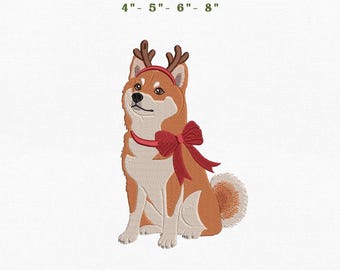 Shiba Inu Christmas Dog Embroidery Instant Download, 4x4 Hoop Reindeer Puppy Machine Embroidery Files, Manual Digitizing