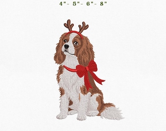 Cavalier King Charles Christmas Dog Embroidery Instant Download, Reindeer Puppy Machine Embroidery Files, Manual Digitizing