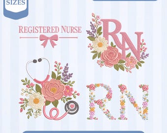 Embroidery Registered Nurse Floral Collection | RN Stethoscope Flower Medical Design | Pes Dst Jef Vp3 Instant Download