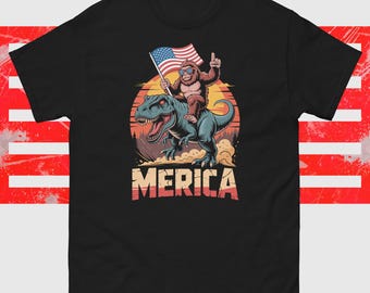 Bigfoot Merica Sasquatch Reitdinosaurier T rex Lustig 4. Juli T-Shirt