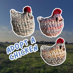 May include: Three crocheted chicken figurines with red combs and brown beaks are displayed against a backdrop of a field and blue sky. The text "ADOPT A CHICKEN" is in a blue and white font.