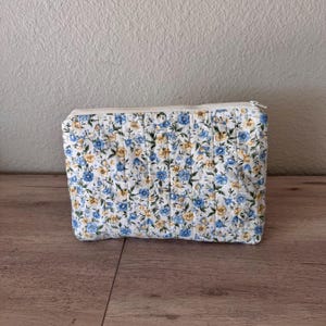 Travel and Storage Upcycled Fabric Bag -Quilted Flat Bottom Zipper Pouch - Handmade