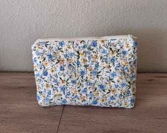 Travel and Storage Upcycled Fabric Bag -Quilted Flat Bottom Zipper Pouch - Handmade