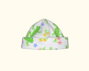 Handmade Fleece Beanie with Frogs and Flowers Nature Theme