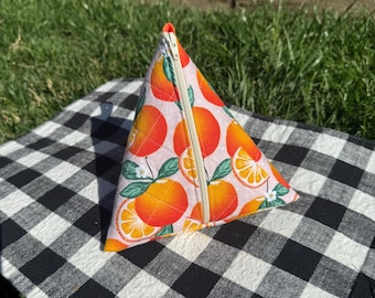 Small Handmade Collapsible Triangle Zipper Pouch – Handmade Quilted Oranges and Polka Dot Travel Bag