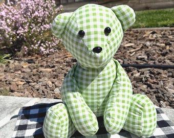 Handmade Green Gingham Fabric Stuffed Bear Animal Plushie