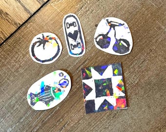 Mini Holographic Block Print Linocut Stickers - Hand-Carved Sustainable Stamp Art - Pick Your Own Bundle