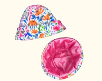 Handmade Fleece Beanie - Wildflowers - Satin Lining - Anti-Frizz