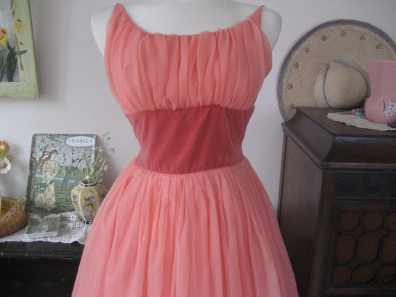 1950s Peach Chiffon Prom Dress