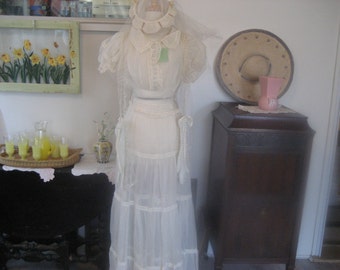 1920-1930 Wedding Dress, Veil, Scarf, and Gloves