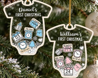 Baby's First Christmas Ornament 2026, Personalized Birth Stats Onesie Ornament, 3D Shaker Acrylic, Custom Newborn Gift, Baby Keepsake