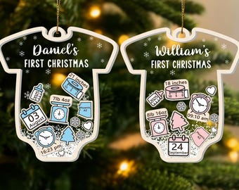 Baby's First Christmas Ornament 2026, Personalized Birth Stats Onesie Ornament, 3D Shaker Acrylic, Custom Newborn Gift, Baby Keepsake