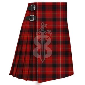 May include: A red and black tartan kilt, featuring two leather straps with silver buckles. The kilt is pleated and made from woven fabric. A traditional Scottish garment.