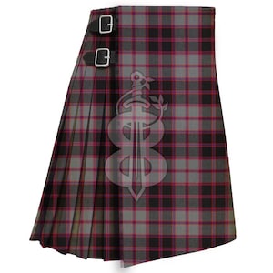 May include: A tartan kilt in shades of black, grey, and red. It has two leather straps with silver buckles and a decorative emblem. The pleated design is visible, highlighting the fabric's texture. A classic Scottish garment.