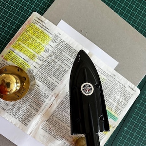 以下が含まれることがあります： 金色のハンドルが付いた黒いアイロンが、手書きのメモとハイライトされたテキストが書かれた開いた本の上に置かれています。「113」の数字が入った金色のオブジェクトも表示されます。アイロンには「CENTURY」という文字が入った円形のエンブレムが付いています。