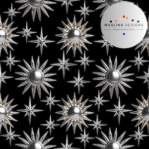 Explosão de estrela celestial sem costura 3D metálico dourado prata papel digital fundo preto sublimação artesanato download instantâneo impressão em tecido