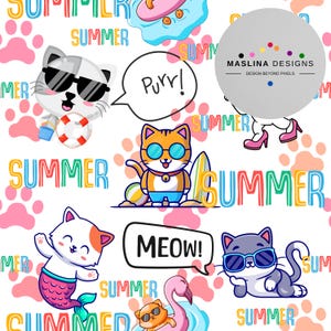 Letni kot bezszwowy wzór słodkie kawaii koty plażowe wibracje łapy cyfrowe natychmiastowe pobieranie niestandardowy materiał papier scrapbooking sublimacja tapeta