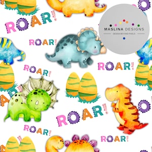 Dinosaure coloré motif sans couture Dino mignon papier numérique rugissement bébés garçons impression anniversaire enfants téléchargement immédiat album personnalisé sublimation